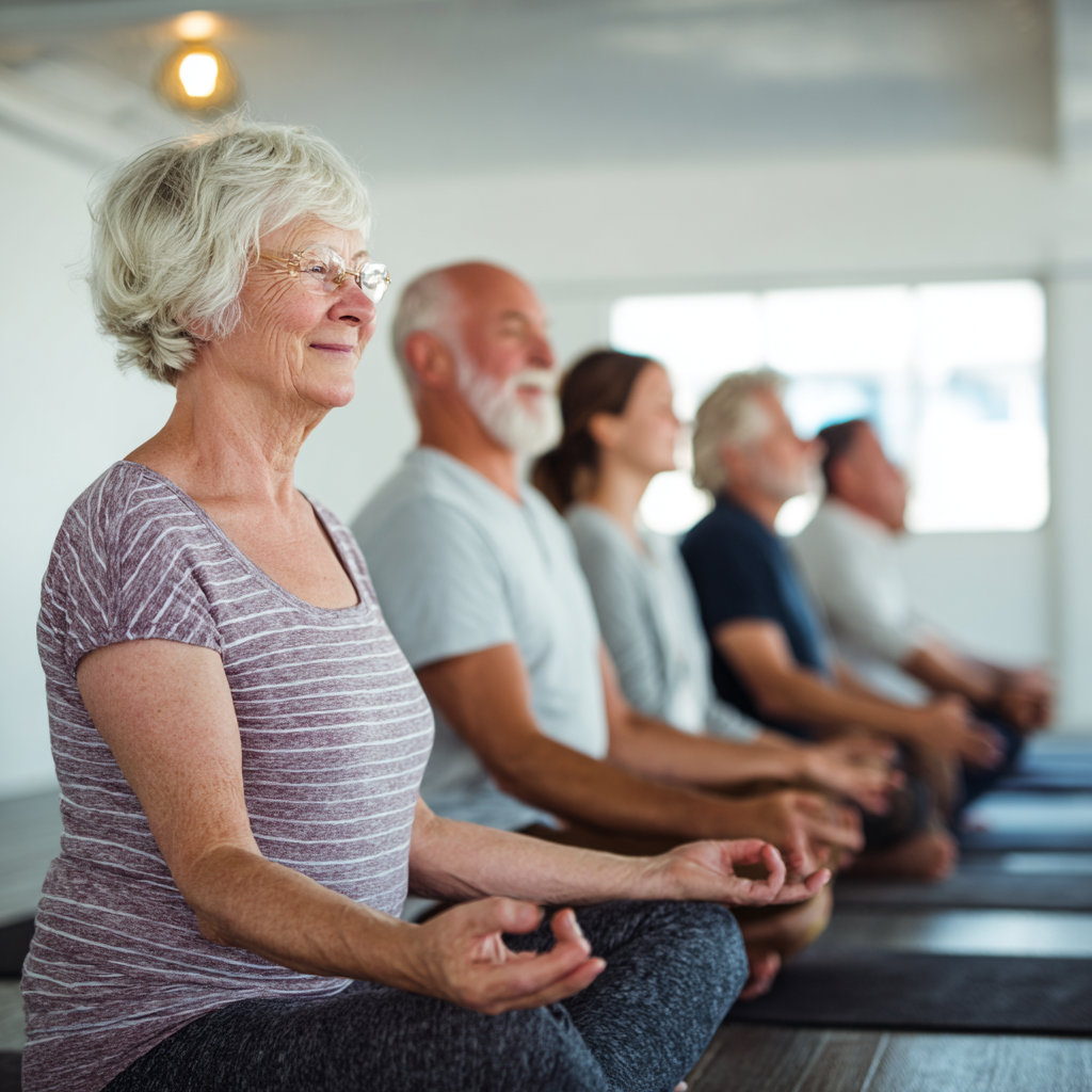 Group of senior adults practicing yoga together in a bright studio