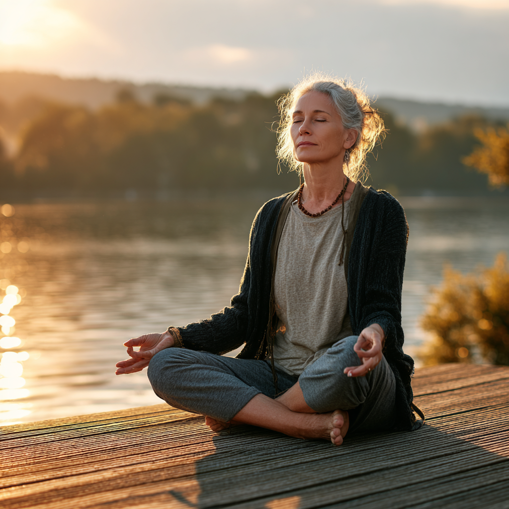 Mature woman practicing yoga in peaceful environment